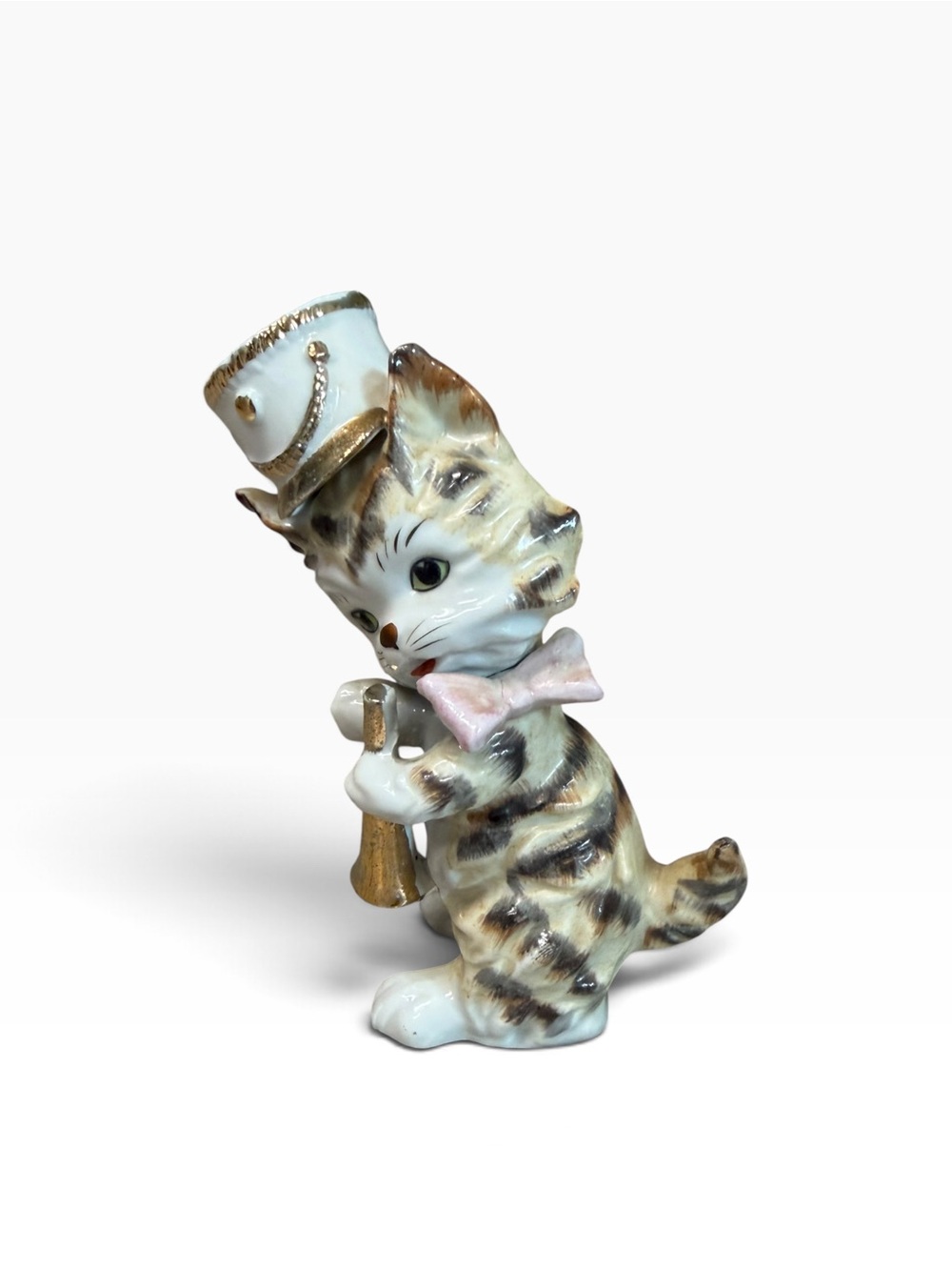 Vintage Ceramic Tabby Cat Figurine with Hat and Bell Horn